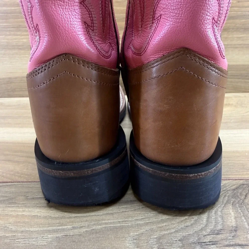 OLD WEST Cowgirl Western Boots Girls 2 Brown Pink Leather Square Toe Rodeo Ranch